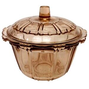 Candy Bowl Sugar Dish Vintage KIG Indonesia Pink Glass Lid Oyster Pearl Pattern